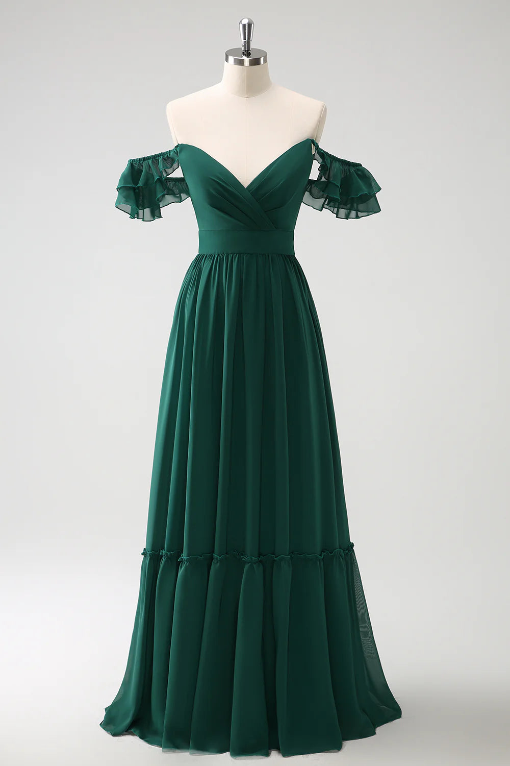 DingJiDress Dark Green A Line Bridesmaid Dress Off The Shoulder Chiffon Ruched Floor Length