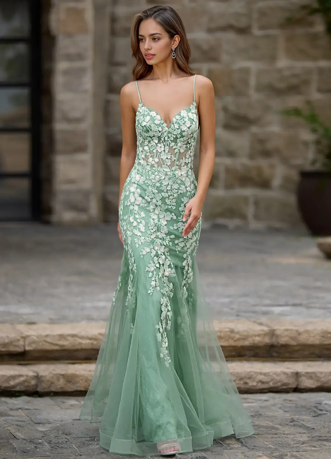 Light Green Charming Mermaid Spaghetti Strap V Neck Lace Applique Ruched Hem Backless Exquisite Formal Dresses Affordable Prom Dress