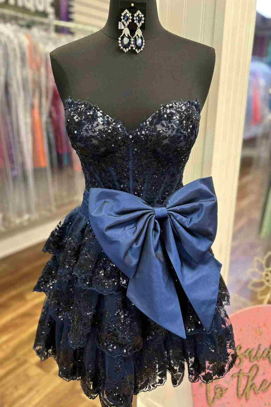DingJiDress Strapless Red Sequin Ruffle Homecoming Dress with Bow Graduation Dresses