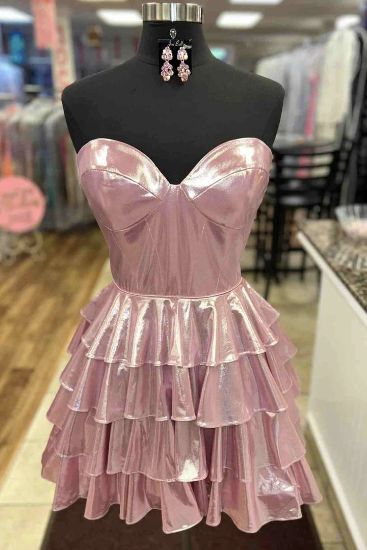 DingJiDress A-Line Homecoming Dress Strapless Gold Metallic Ruffle Graduation Dresses