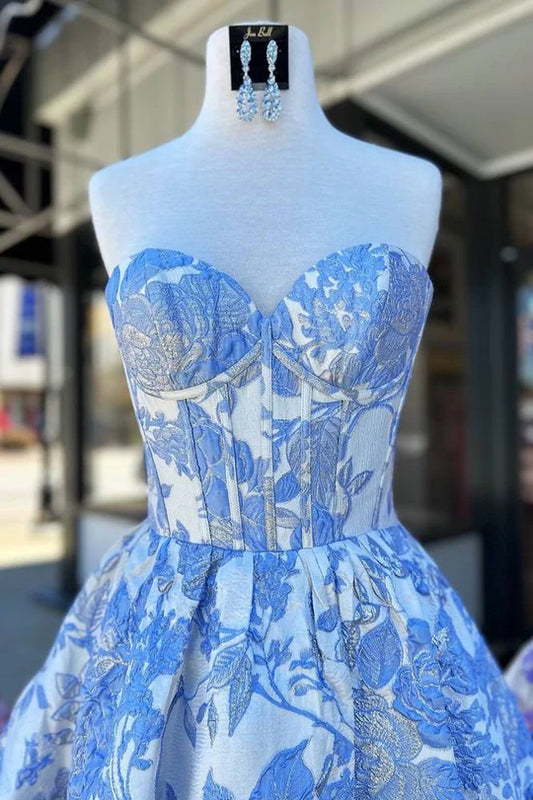 DingJiDress Light Blue Graduation Dresses Floral Print A-Line Homecoming Dress