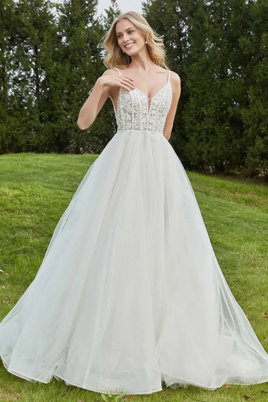 Fashion A-Line Spaghetti Strap Plunging V-Neck Sleeveless Backless Lace Tulle Affordable Hot Sale Wedding Dress