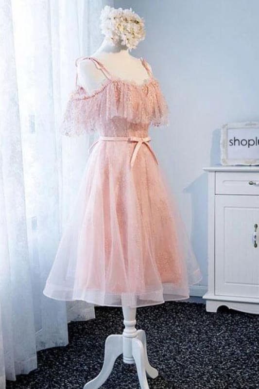 DingJiDress Short Prom Dress A Line Spaghetti Strap Tulle Lace Cute Short Pearls Charming Short Homecoming Dress