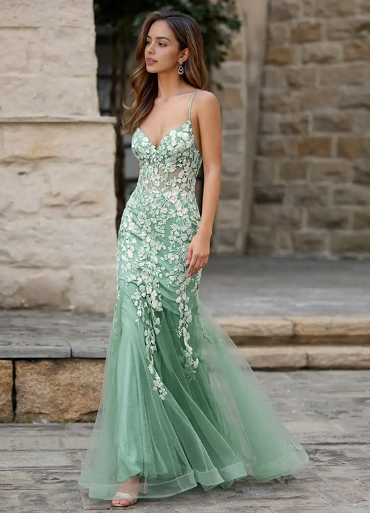 Light Green Charming Mermaid Spaghetti Strap V Neck Lace Applique Ruched Hem Backless Exquisite Formal Dresses Affordable Prom Dress