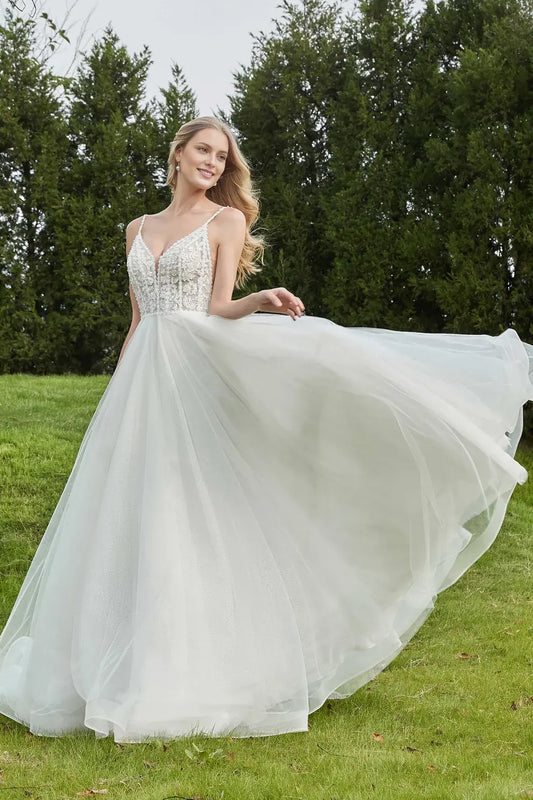 Fashion A-Line Spaghetti Strap Plunging V-Neck Sleeveless Backless Lace Tulle Affordable Hot Sale Wedding Dress