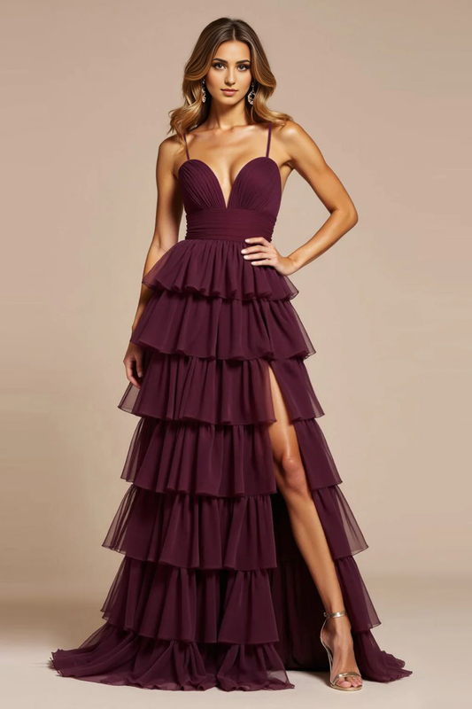 DingJiDress High Quality Dress Fashion A Line V-Neck Backless Ruched Tiered Exquisite Long With Slit Prom Dress