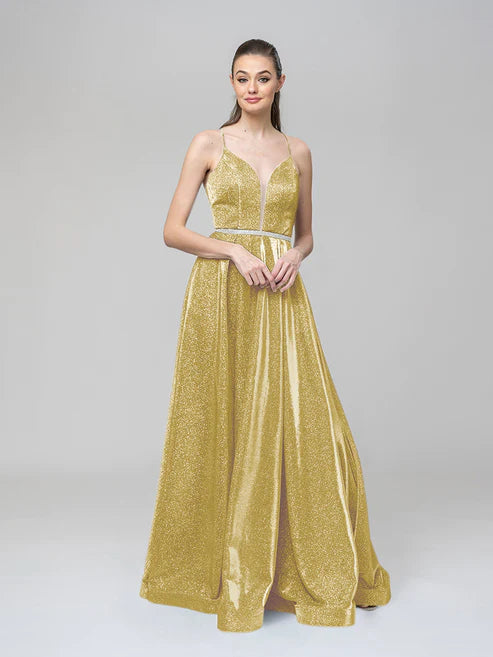 DingJiDress A Line Metallic Glitter Formal Party Prom Dresses With Beaded Waist