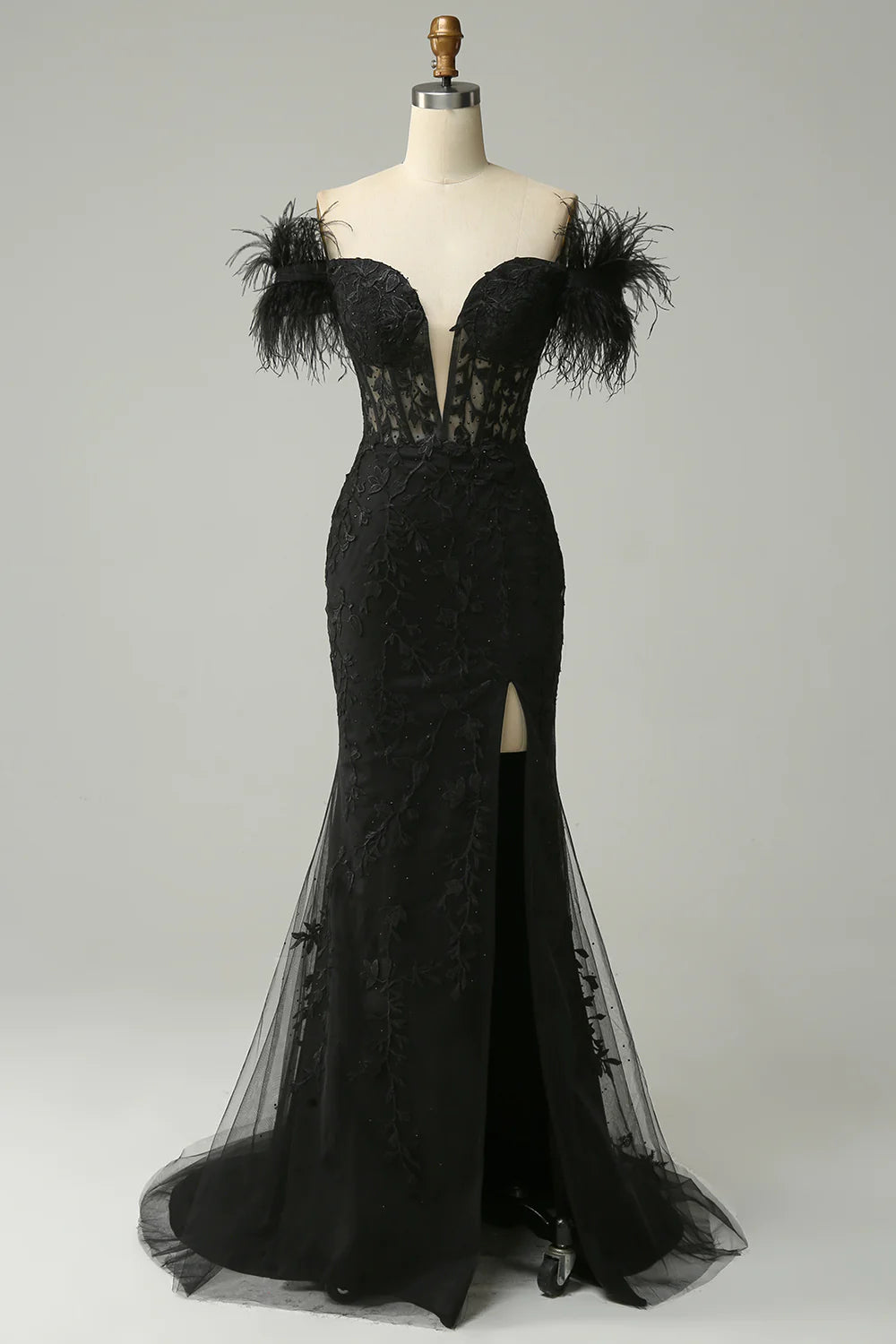DingJiDress Off the Shoulder Black Mermaid Prom Dress with Feathers