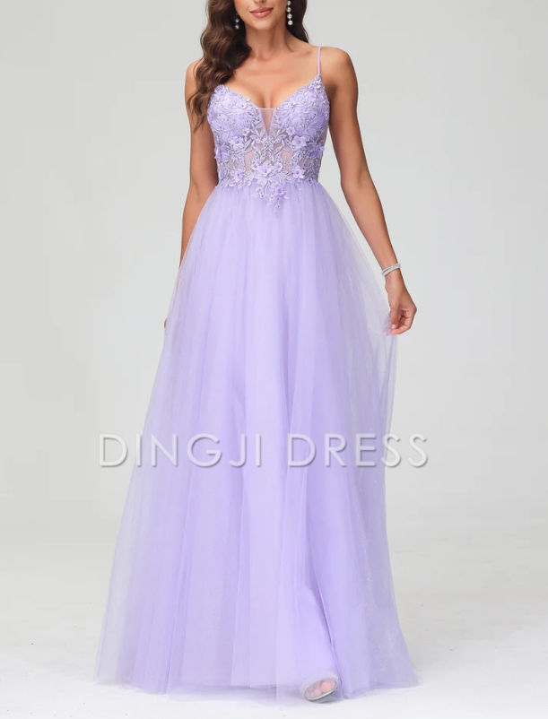 DingJiDress Evening Dress Charming A-Line V Neck Spaghetti Straps Tulle Applique Long Dress Exquisite Formal Dress