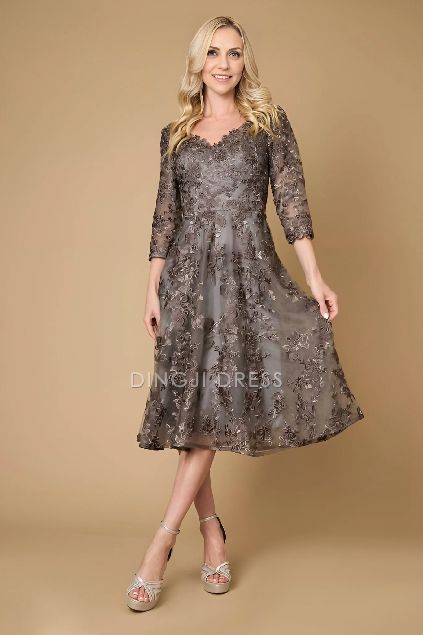 DingJiDress Evening Dress Fashion V Neck 3/4 Sleeve Lace Tea-Length Exquisite Mother Of The Bride Dress