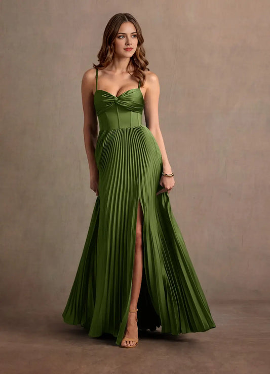 Olive Green A Line Spaghetti Strap Twisted Corset Sweetheart Neckline Pleated Dress Side Fork Backless Elegant Formal Dresses Affordable Prom Dress