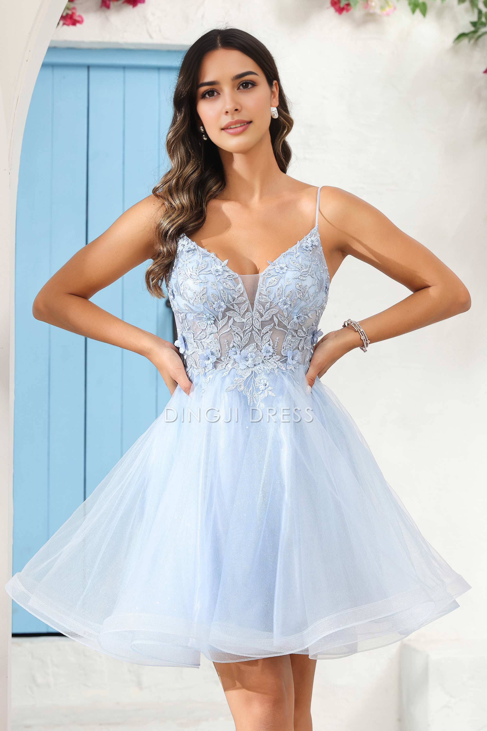 DingJiDress Hot Sale Homecoming Dress Exquisite A Line V Neck Spaghetti Straps Backless See-Through Applique Mini Dress