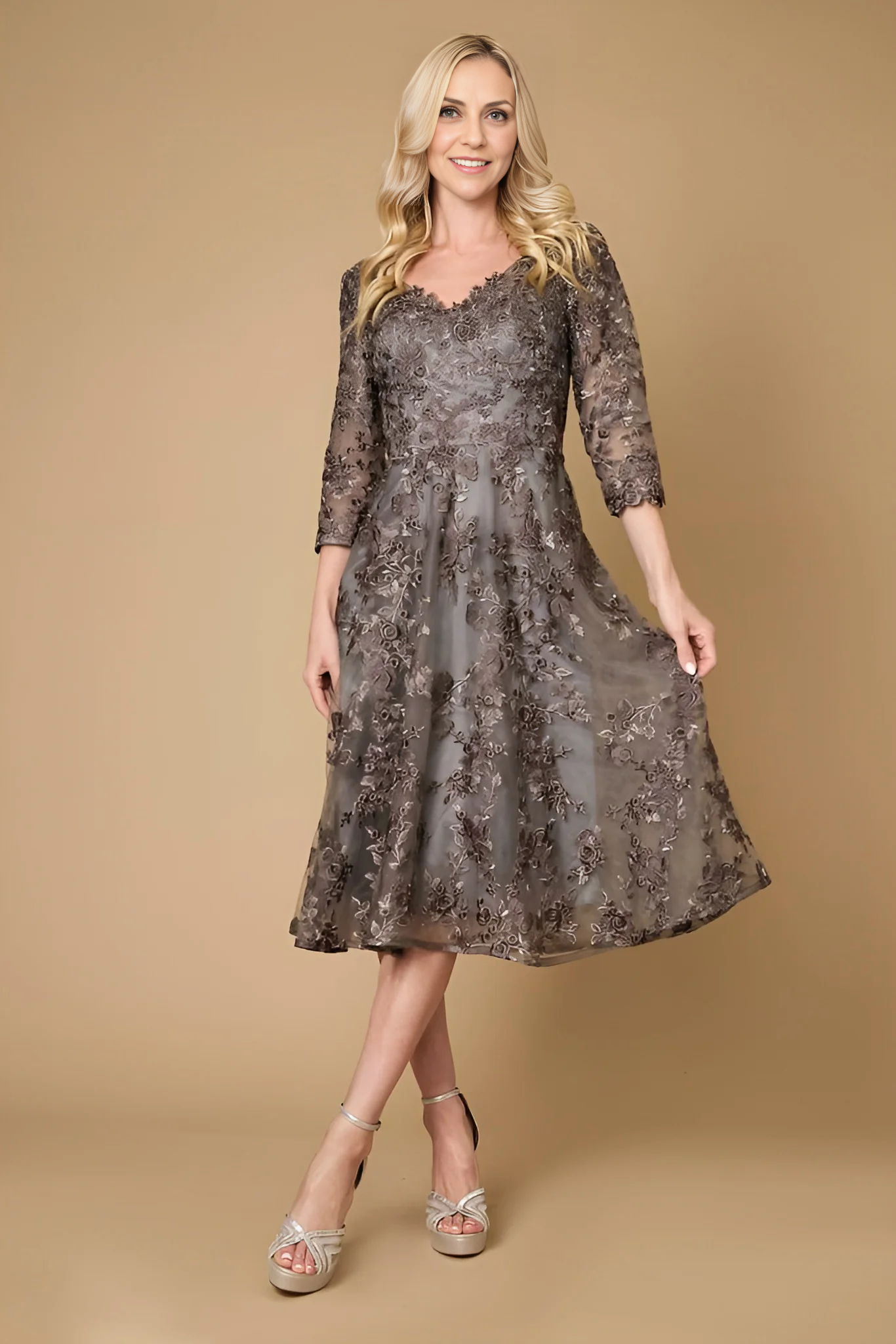 DingJiDress Evening Dress Fashion V Neck 3/4 Sleeve Lace Tea-Length Exquisite Mother Of The Bride Dress