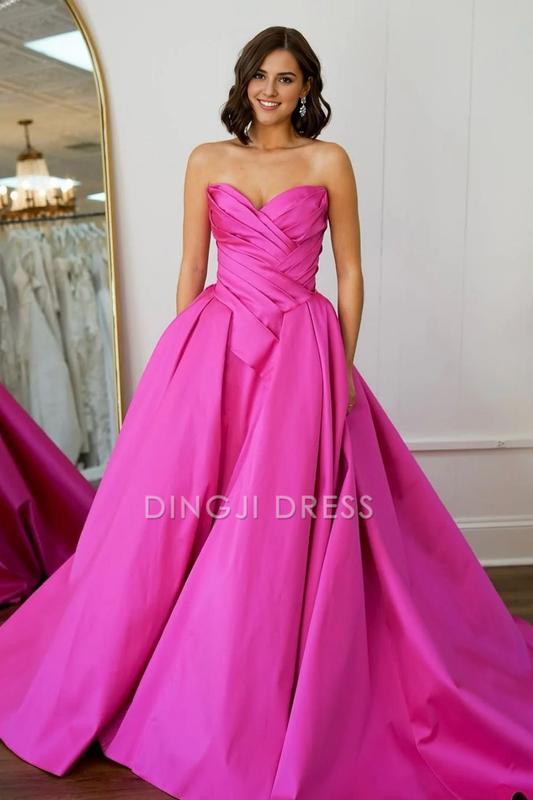DingJiDress Elegant A-Line Strapless Pleated Long Court Train Satin Gorgeous Prom Dress