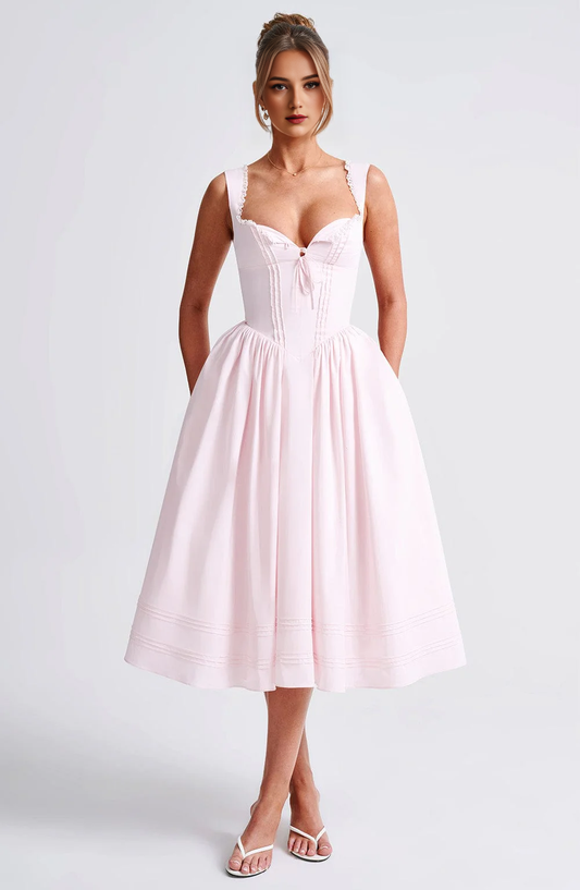 DingJiDress Bridesmaid Dresses Lace Trim Square Neckline Lace up sweet Midi Dress Formal Wear Dresses Wedding Guests Dresses