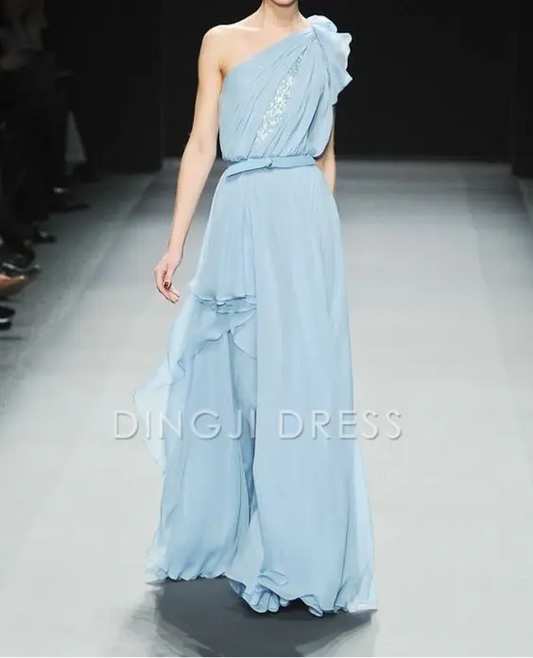 DingJiDress One Shoulder A Line Chiffon Ruched Irregular Romantic High Quality Prom Dress