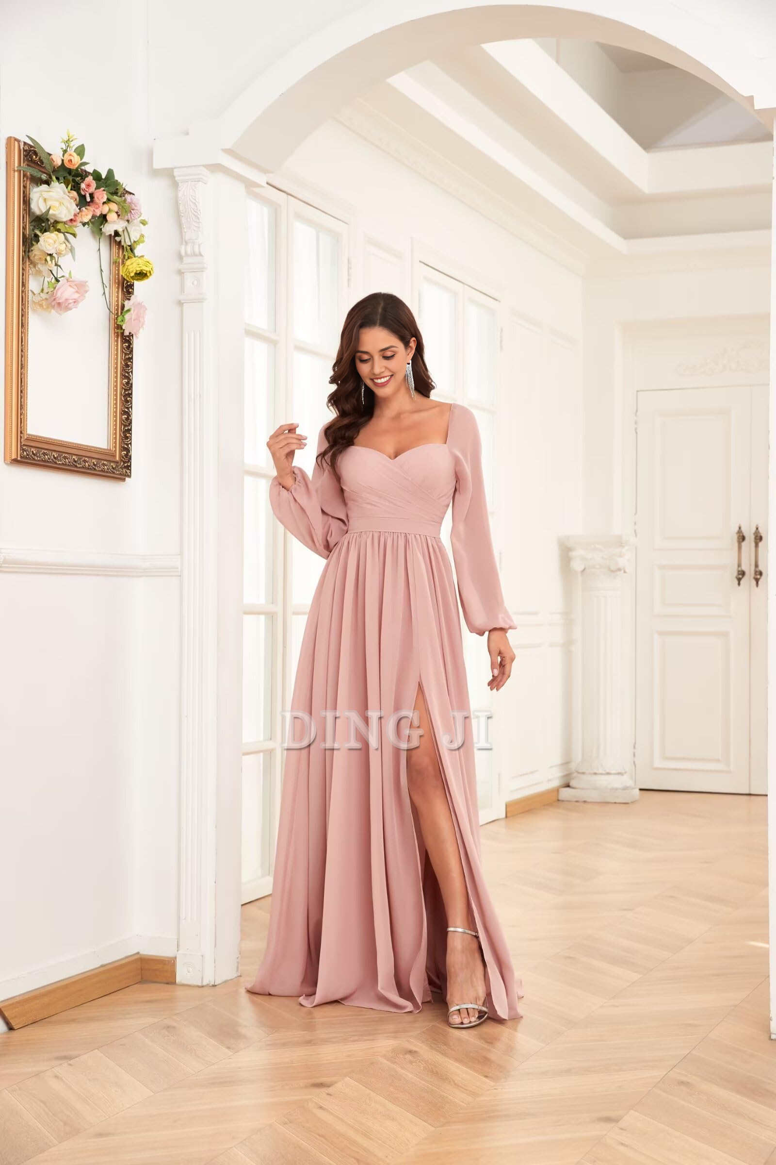 DingJiDress Bridesmaid Dresses Sweetheart Long Sleeve Pleated Side Fork Chiffon Elegant Long Formal Wear Dresses