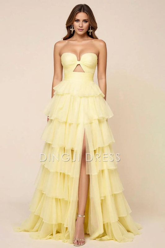 DingJiDress High Quality Dress Elegant Strapless Tulle Ruched Tiers With Slit Long Prom Dress