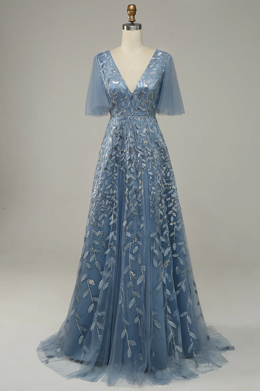 DingJiDress High Quality Dress Exquisite V Neck Flowing Sleeves Tulle Embroidered Leaves Fashion Prom Dress