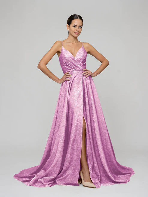 DingJiDress Sweep Train Metallic Glitter A Line Prom Dresses