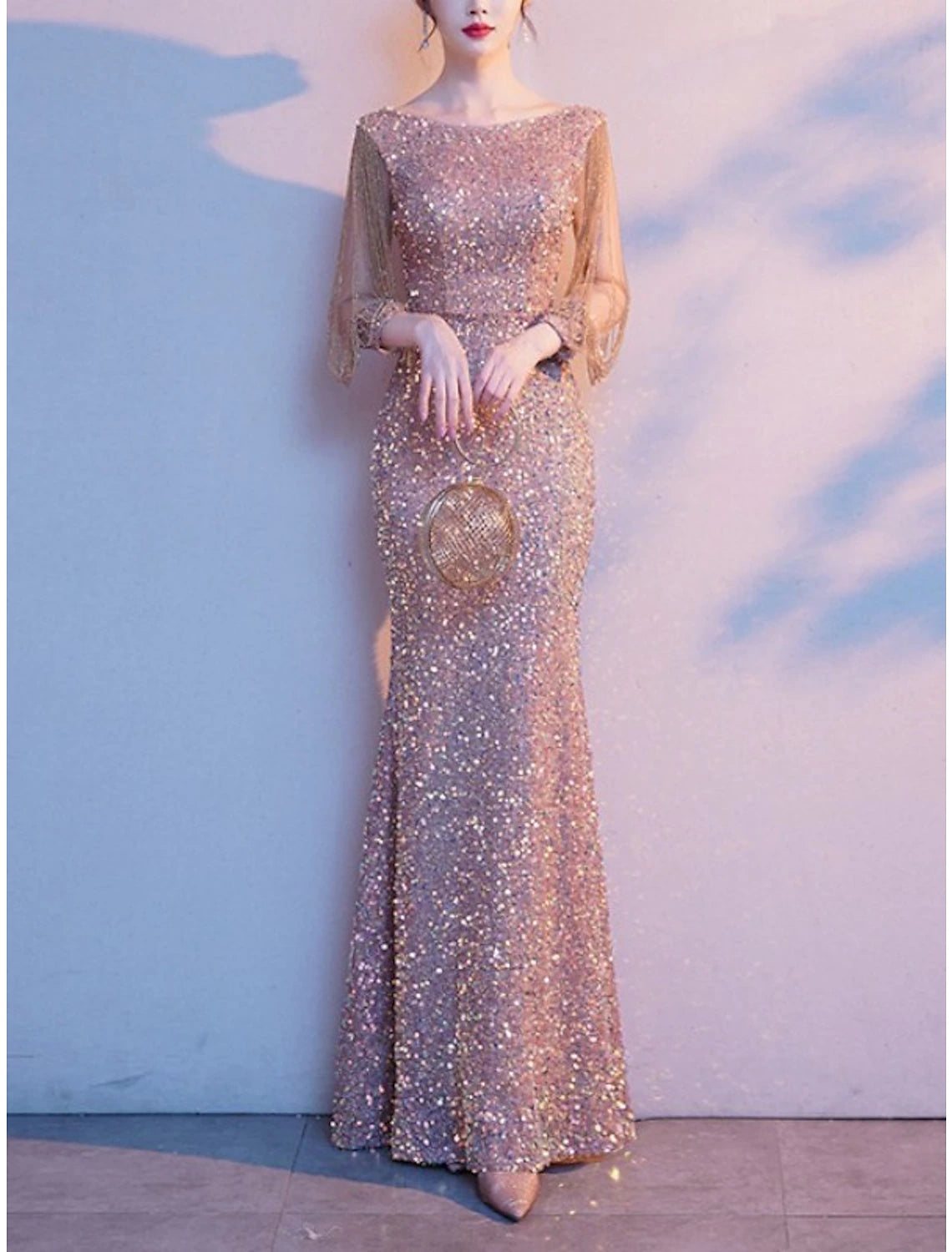 Sheath / Column Mother of the Bride Dress Elegant Sparkle & Shine Petite Jewel Neck Floor Length Sequined 3/4 Length Sleeve