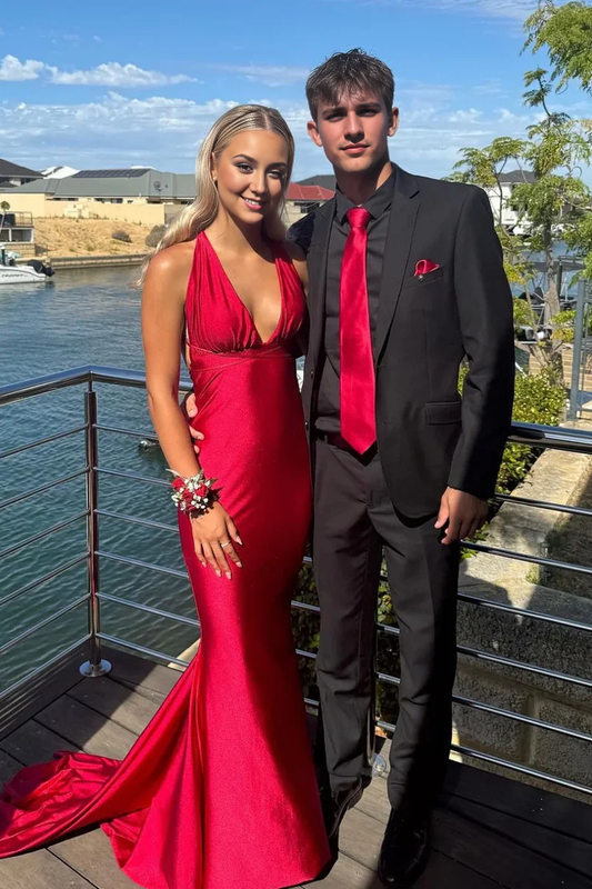 DingJiDress Charming Mermaid Deep V Neck Backless Satin Sexy Prom Dress