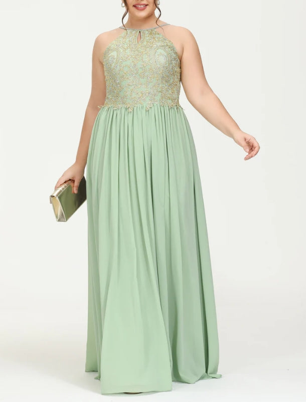 DingJiDress Evening Dress A-Line Halter Sleeveless Beaded Pleated Floor-Length Chiffon Plus Size Formal Dress