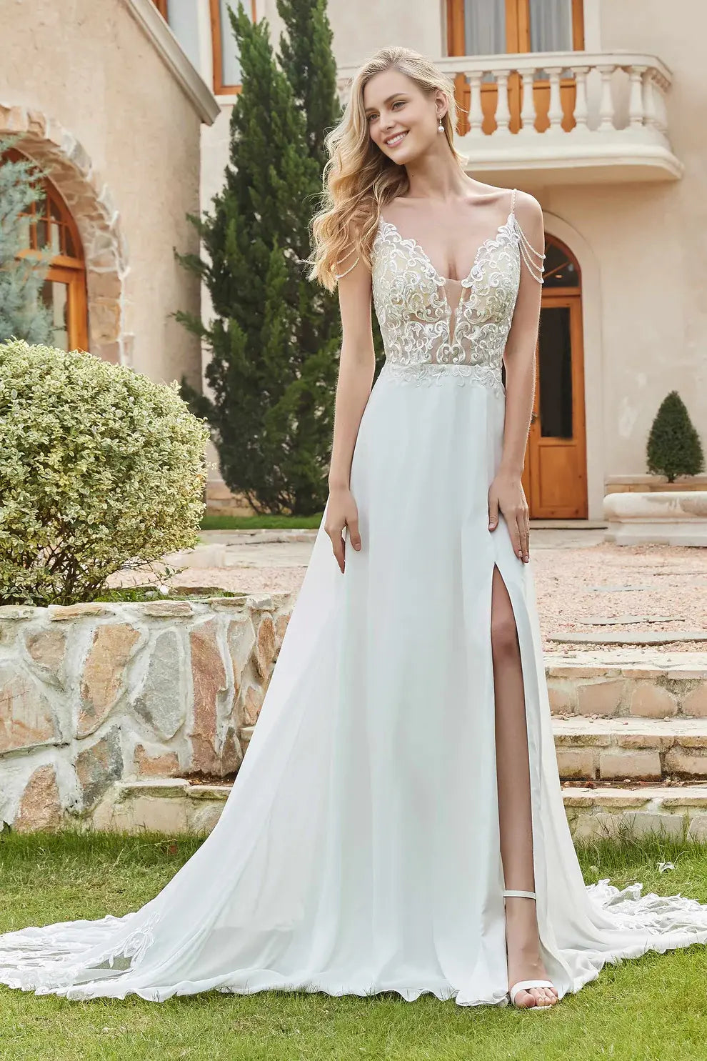 Elegant Chiffon A-Line Lace Spaghetti Strap Plunging V-Neck Bead string Backless With Slit Affordable Hot Sale Wedding Dress