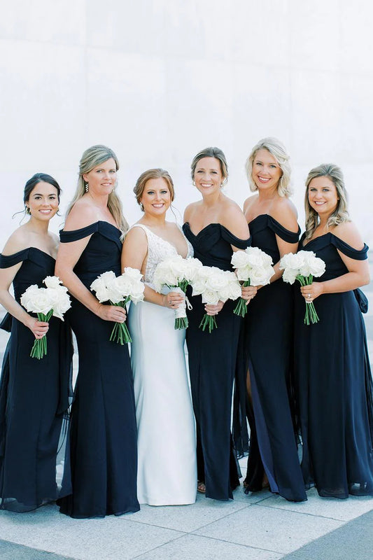 Elegant Black Chiffon Mermaid Off-Shoulder V-Neck Sleeveless Pleated Side Slit Low Cost Floor Length Bridesmaid Dresses