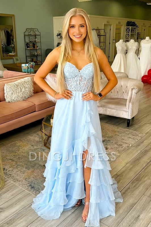 DingJiDress Formal Dress Exquisite A-Line Sweetheart Strapless Sleeveless Empire Appliques Ruched Tiered Party Prom Dress