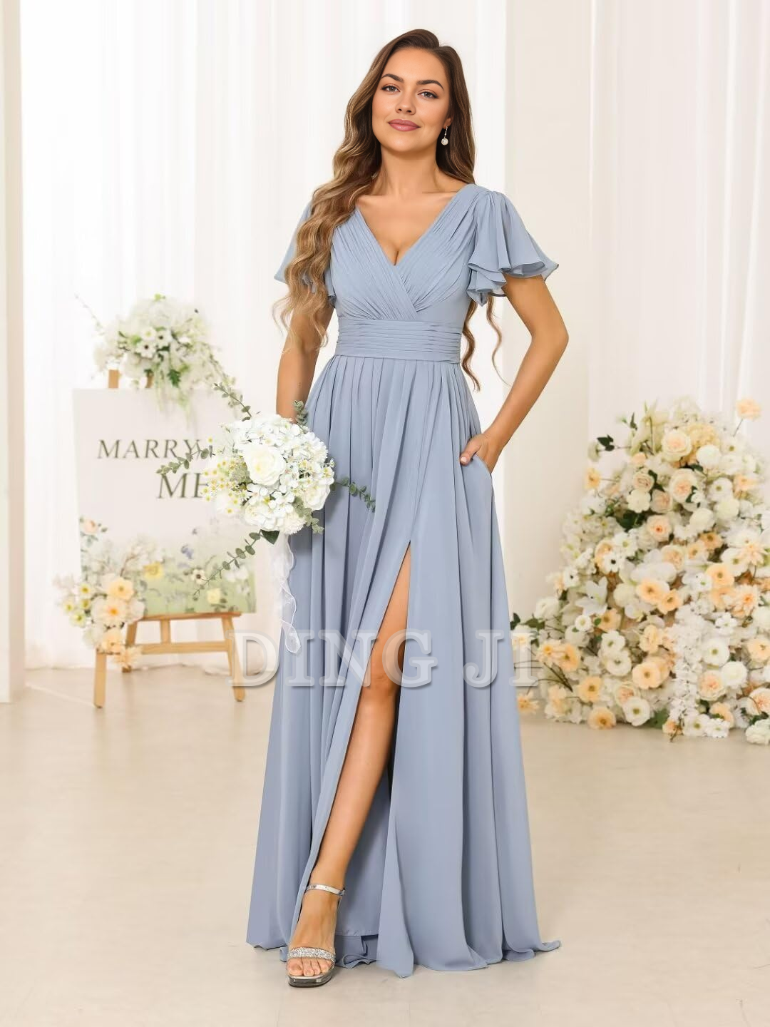 DingJiDress Bridesmaid Dresses A Line V Neck Flutter Sleeve Side Fork Youthful Elegant Chiffon Formal Wear Dresses