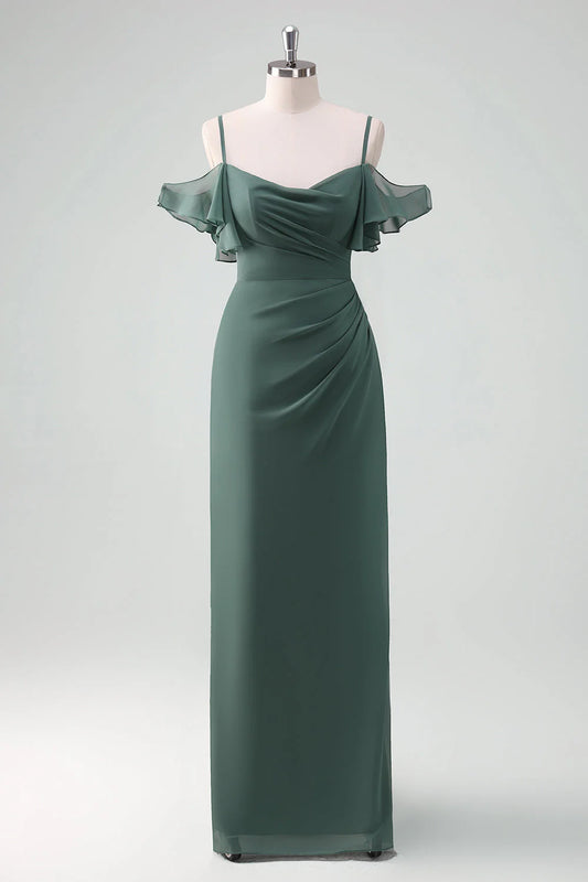 DingJiDress Bridesmaid Dress Eucalyptus Sheath Spaghetti Straps Floor Length Chiffon