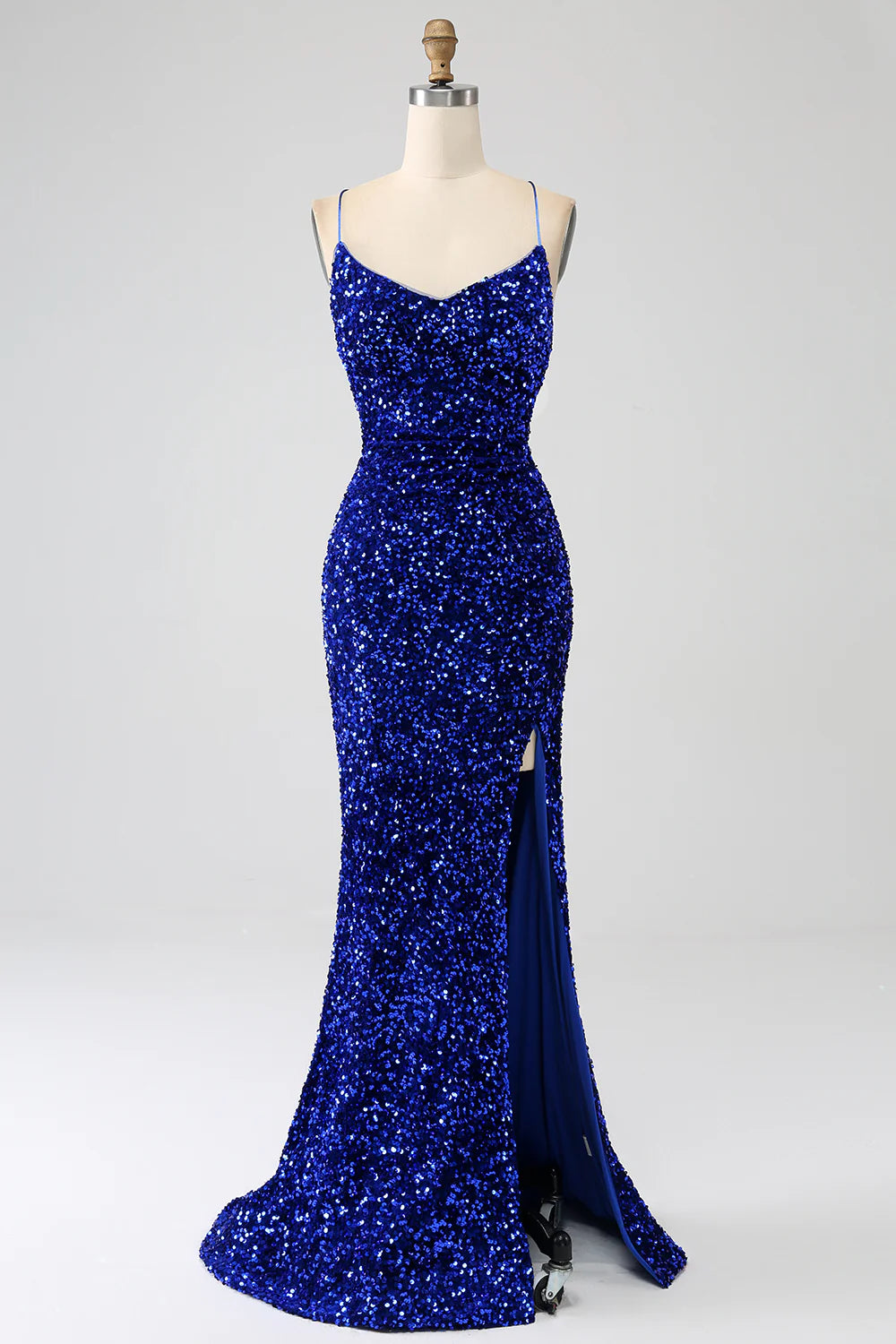 DingJiDress Fuchsia Mermaid Spaghetti Straps V-Neck Sequin Prom Dress With Split
