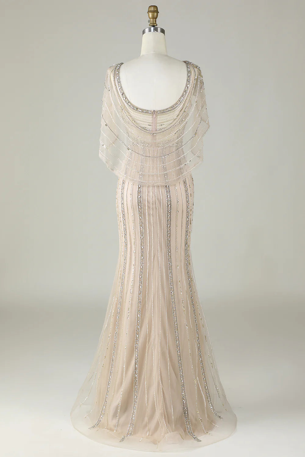 DingJiDress Sparkly Champagne Beaded Mermaid Long Prom Dress with Wrap