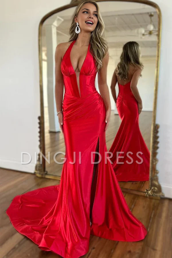 DingJiDress Charming Halter Sleeveless Mermaid Pleated Backless Long with Slit Prom Dress