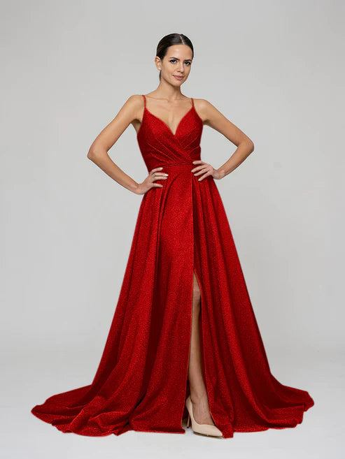 DingJiDress Sweep Train Metallic Glitter A Line Prom Dresses