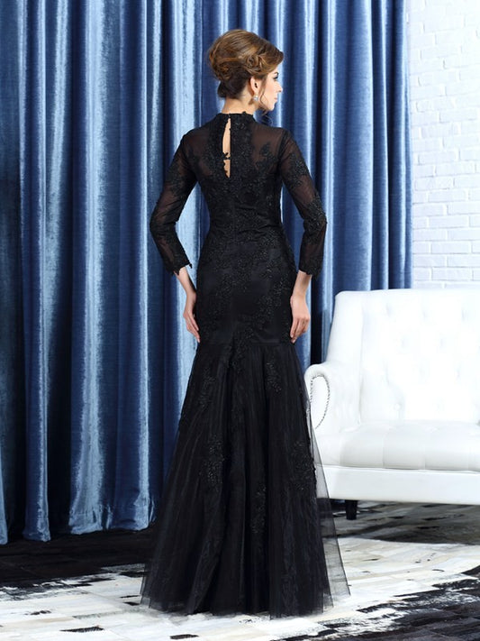 Trumpet/Mermaid High Neck Applique Long Sleeves Long Tulle Mother of the Bride DressesTrumpet/Mermaid High Neck Applique Long Sleeves Long Tulle Mother of the Bride Dresses