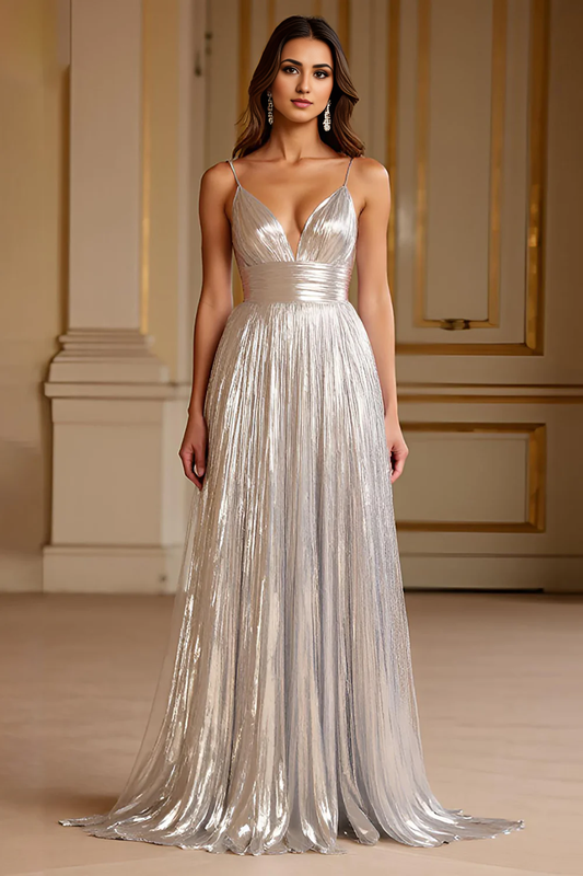 DingJiDress High Quality Dress Deep V-Neck Spaghetti Strap Backless Pleated Sparkle Long Prom Dress