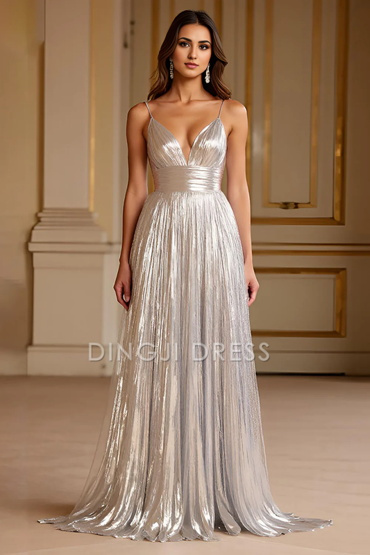 DingJiDress High Quality Dress Deep V-Neck Spaghetti Strap Backless Pleated Sparkle Long Prom Dress