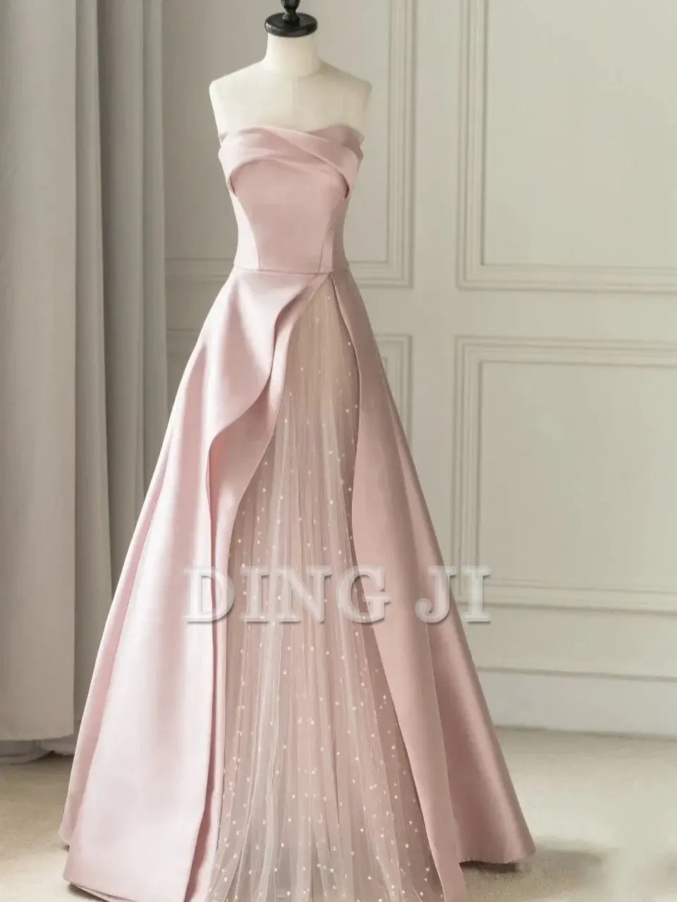 DingJiDress Evening Dress Sleeveless A-Line Floor-Length Satin Tulle Splicing together Strapless Backless Formal Women's Dresses Wedding Guest Dresses
