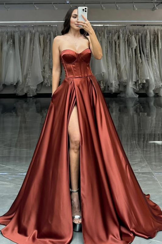 DingJiDress Pretty A-Line Strapless Sweetheart Long Satin with High Slit Elegant Prom Dress