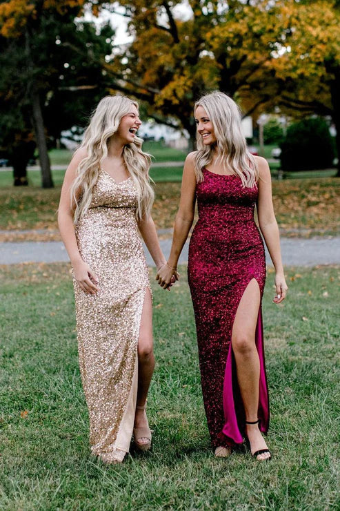 DingJiDress Long Prom Dresses Champagne Sequins Scoop Neck Mermaid Evening Dress