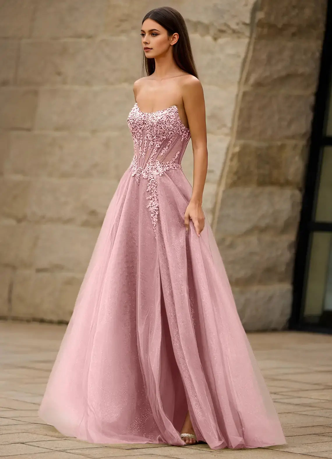 Pink Glitter A Line Strapless Lace Applique Side Fork Backless Exquisite Formal Dresses Affordable Prom Dress