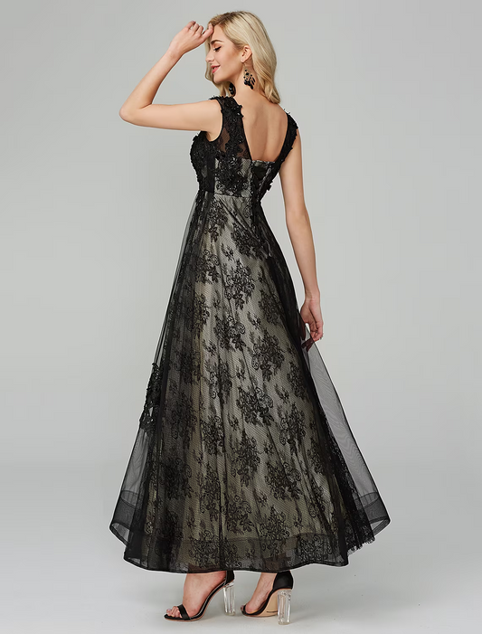 A-Line Open Back Dress Holiday Floor Length Sleeveless Jewel Neck Tulle with Appliques