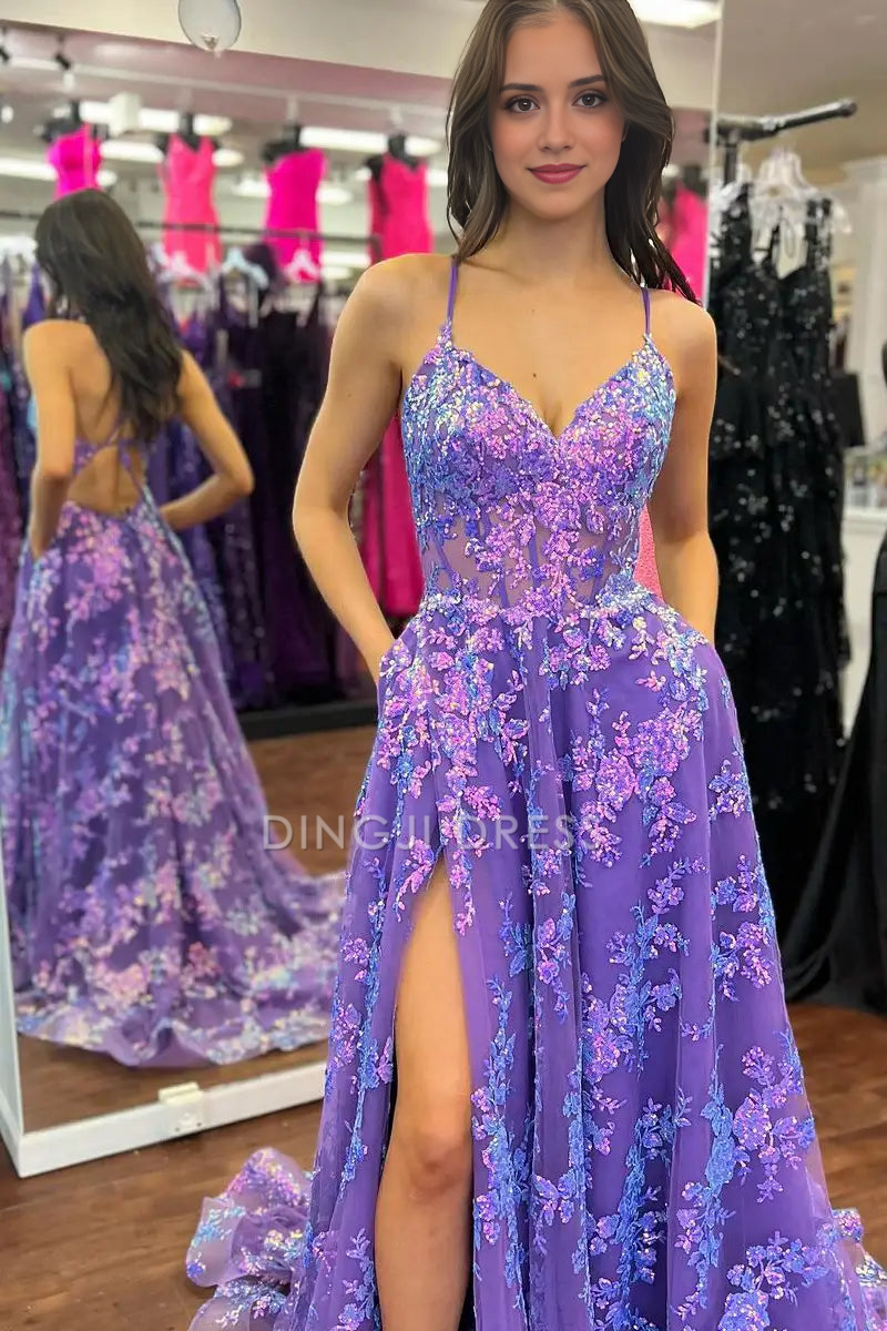 DingJiDress Formal Dress Glitter A-Line V-Neck Spaghetti Strap Sleeveless Lace Backless Exquisite Prom Dress