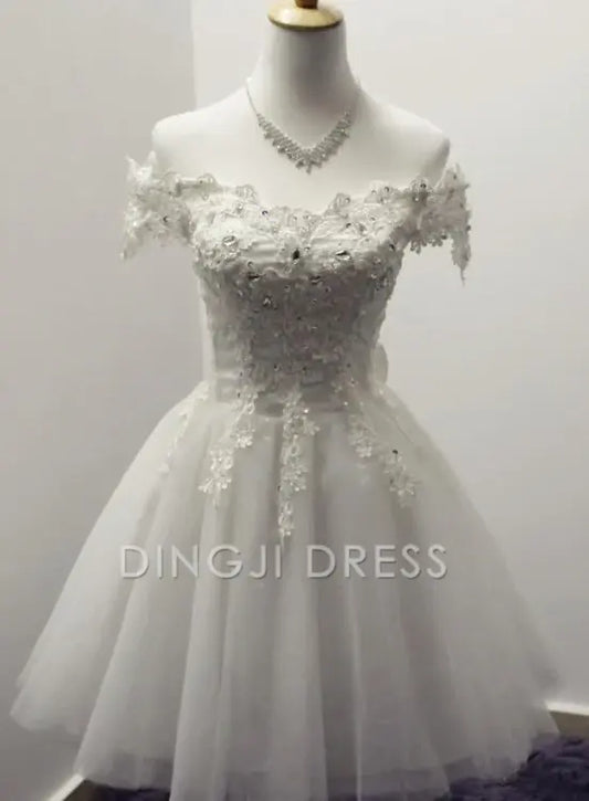 DingJiDress Short Prom Dress Exquisite A-Line Off-The-Shoulder Tulle Appliqued With Bow Best Selling Homecoming Dress