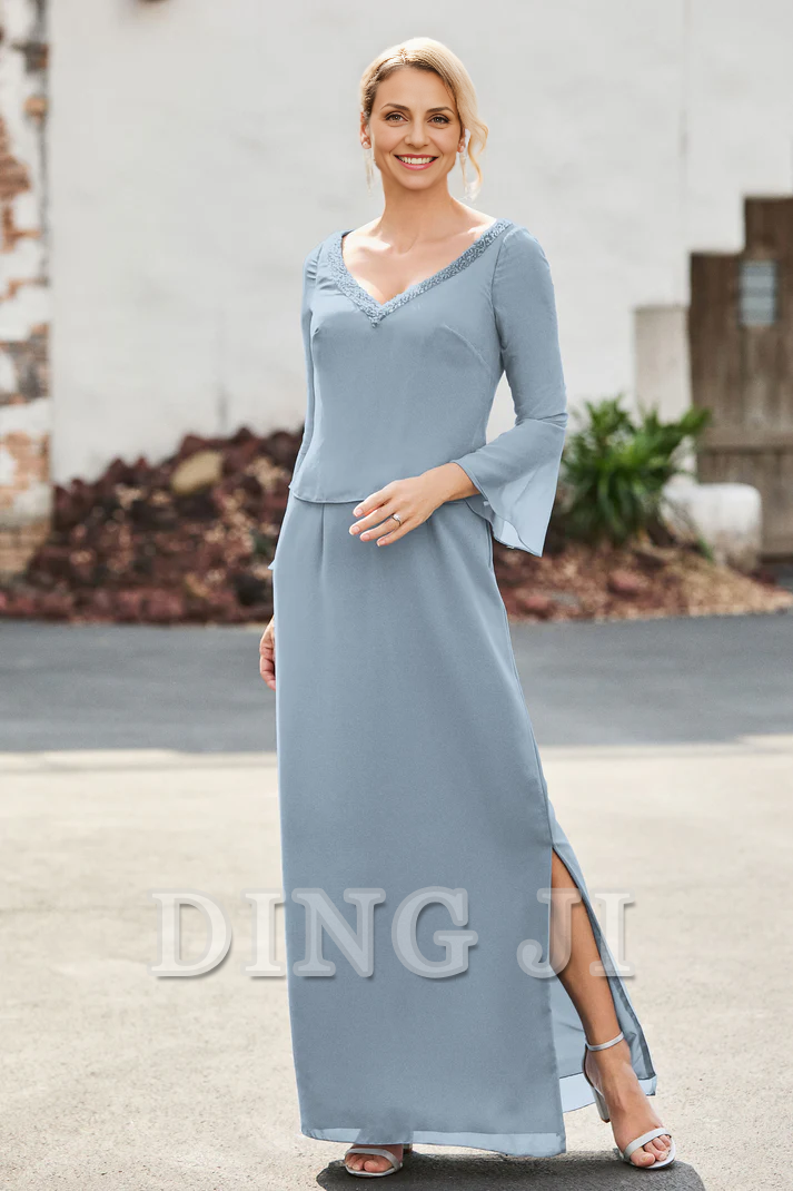DingJiDress Mother of the Bride Dresses V-neck Long Sleeves Sheath Dress Side Fork High Quality Elegant Dresses Wedding Guests Dresses