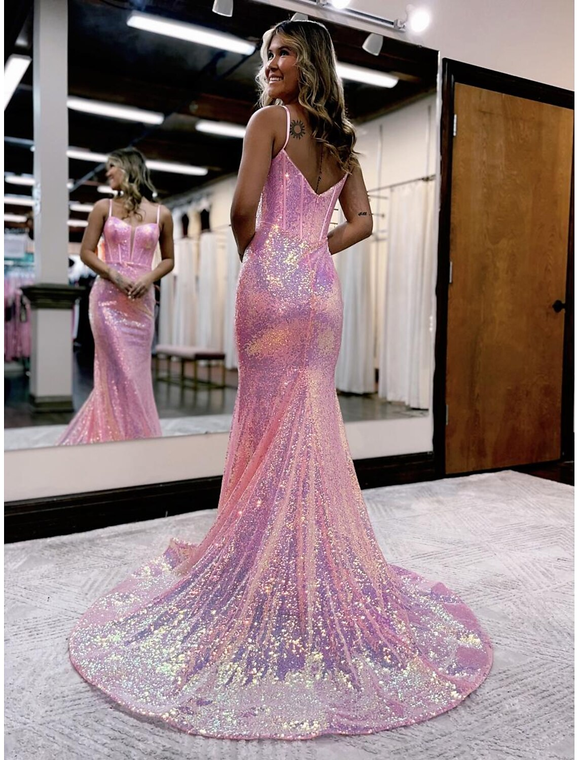 Prom Dresses Sparkle Shine Dress Formal Court Train Sleeveless Strap Sequined V Back with Sequin