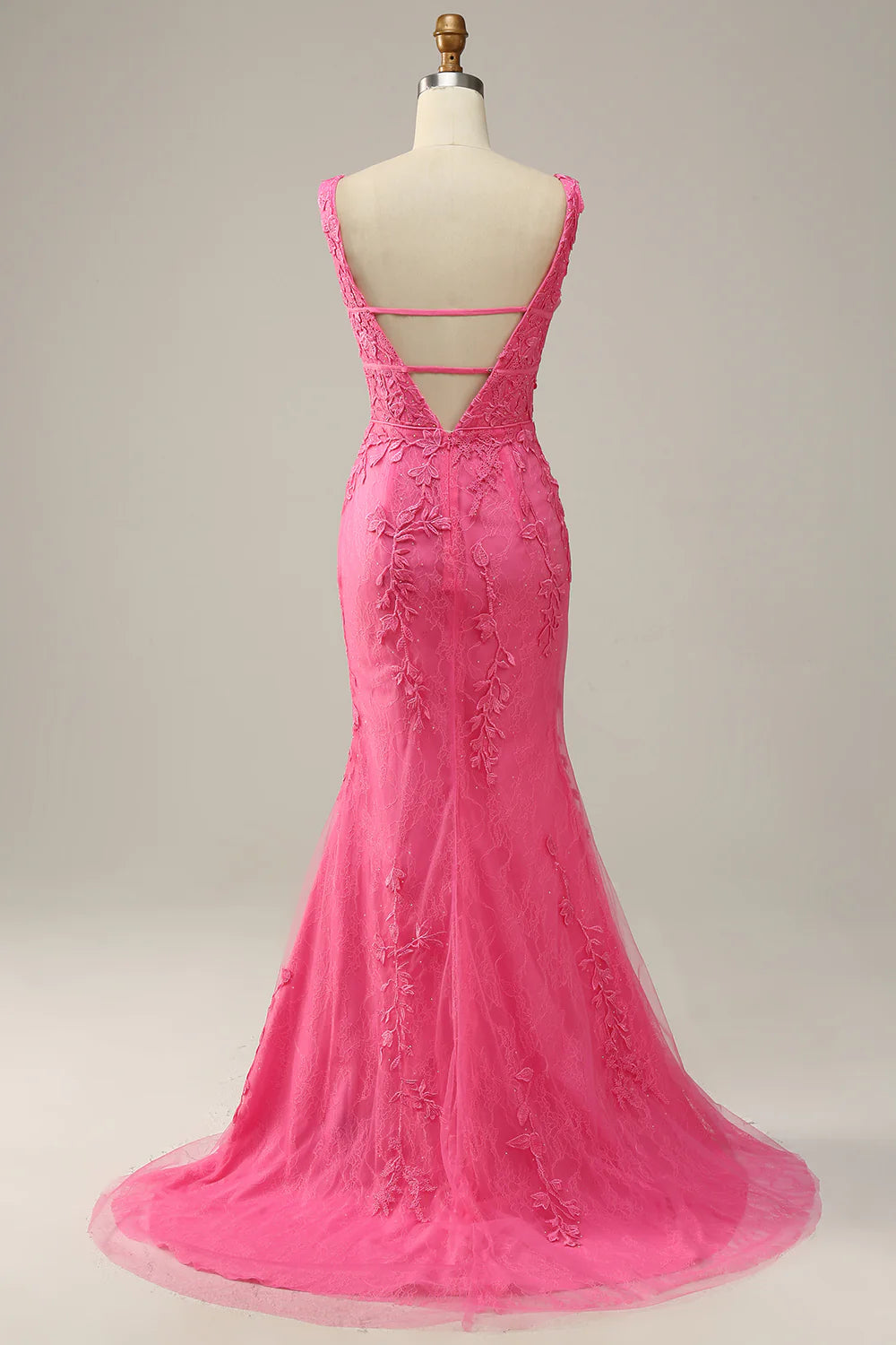 DingJiDress Mermaid Deep V Neck Hot Pink Long Prom Dress with Open Back