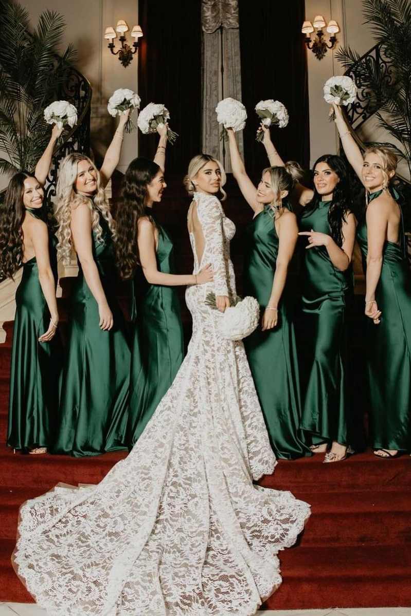 Fashion Dark Green Satin Mermaid Halter Sleeveless Backless Low Cost Floor Length Bridesmaid Dresses